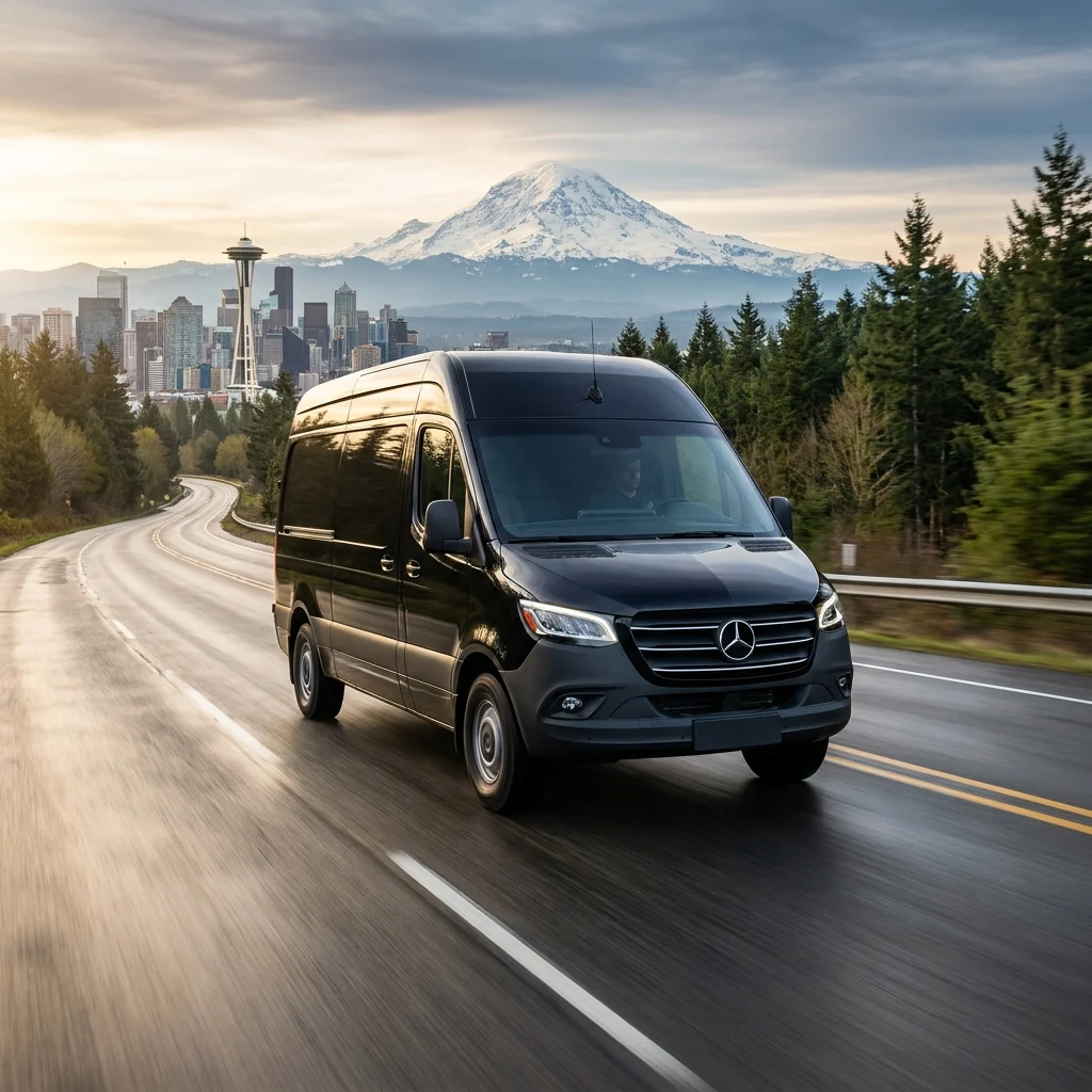 Black Mercedes-Benz Sprinter van on the highway with the Seattle skyline and Mount Rainier