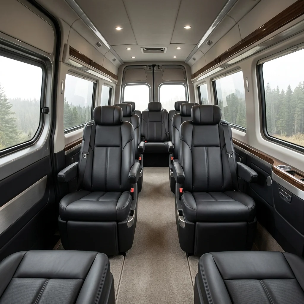 Interior of a black Mercedes-Benz Sprinter van with leather captain seats and full legroom