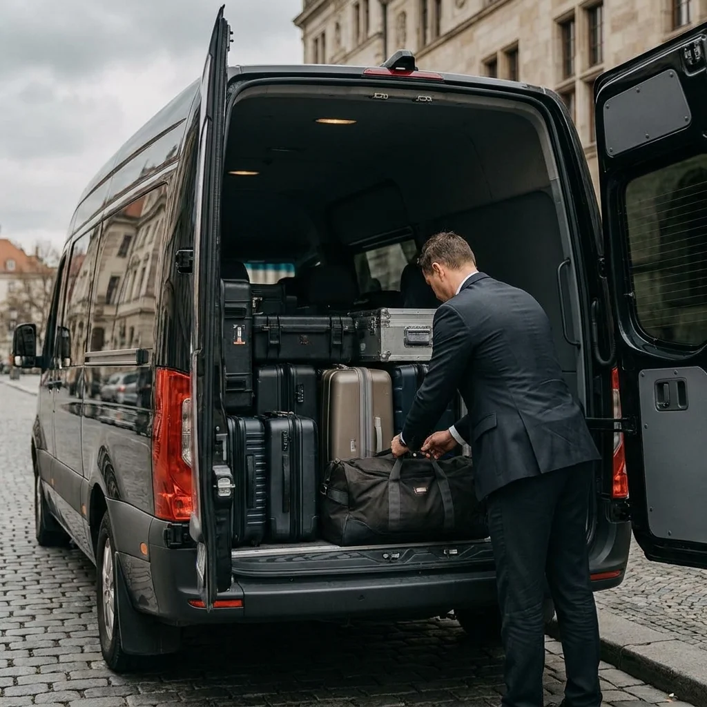 Rear luggage area of a black Mercedes-Benz Sprinter van packed with suitcases for a group transfer