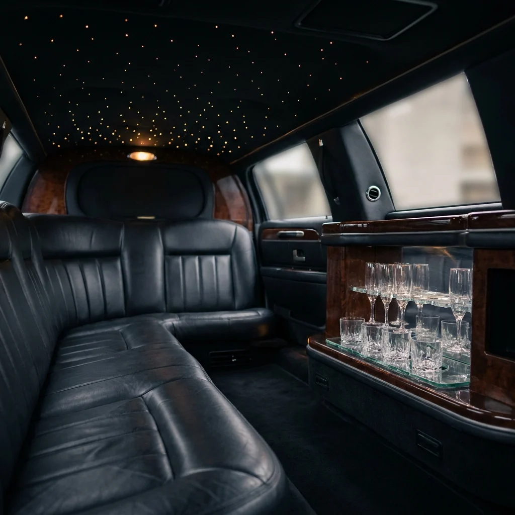 Interior of a black stretch limousine with wraparound leather seating and fibre-optic ceiling lighting