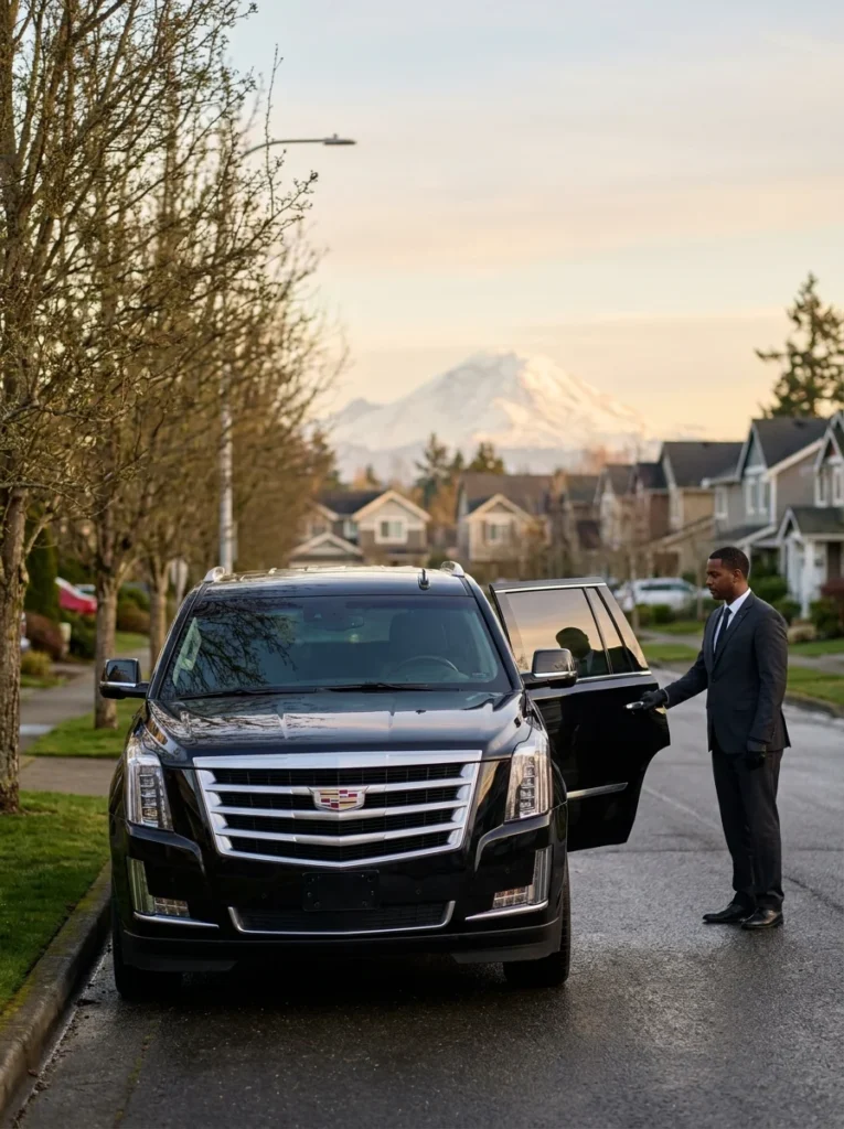 Black Cadillac Escalade with a chauffeur holding the door open on a Tacoma street, Mount Rainier in the distance