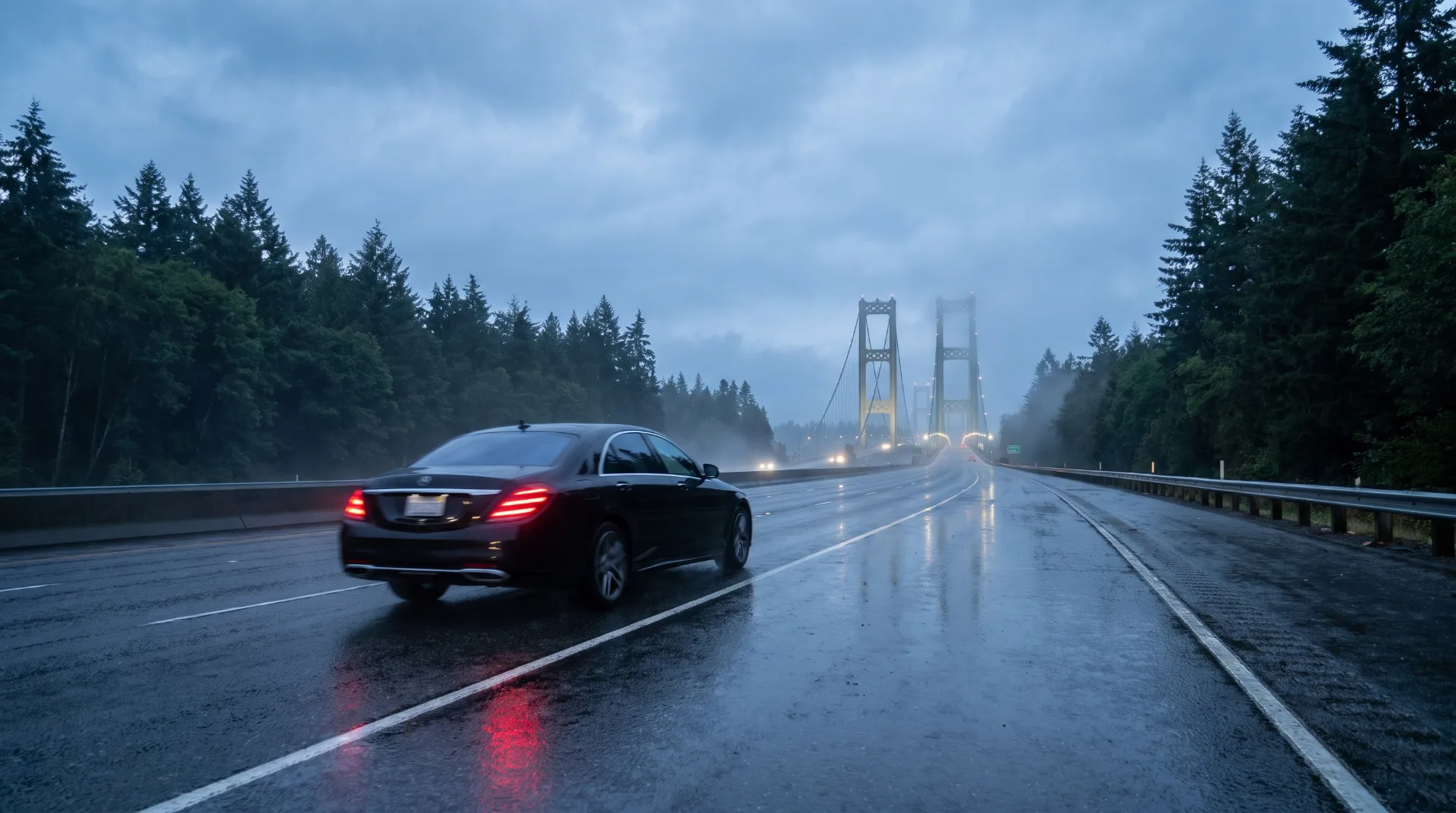Black chauffeured sedan travelling on the interstate toward the Tacoma Narrows Bridge in early morning mist