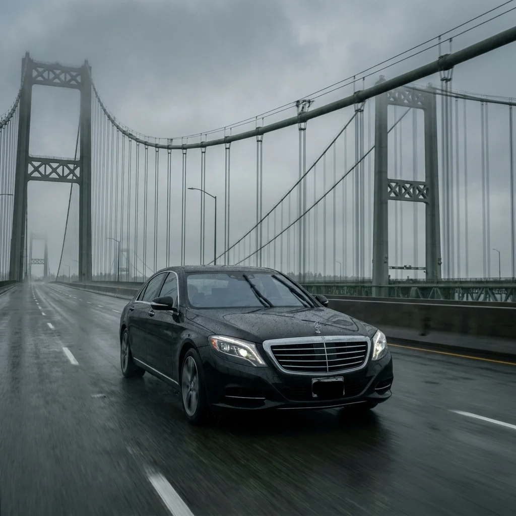 Black Mercedes-Benz S-Class sedan crossing the Tacoma Narrows Bridge in the rain