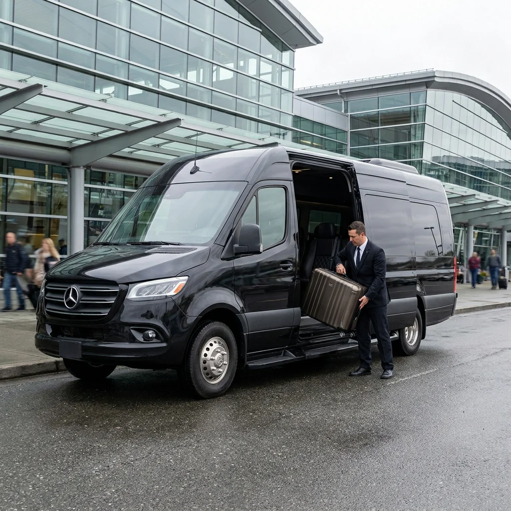 Chauffeur loading luggage into a black Mercedes-Benz Sprinter van at the airport kerb for a Tacoma group transfer