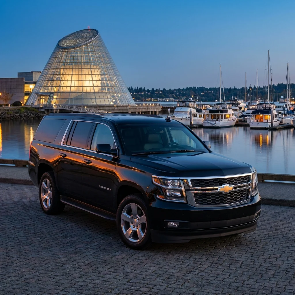 Black Chevrolet Suburban on the Tacoma waterfront beside the Museum of Glass at dusk