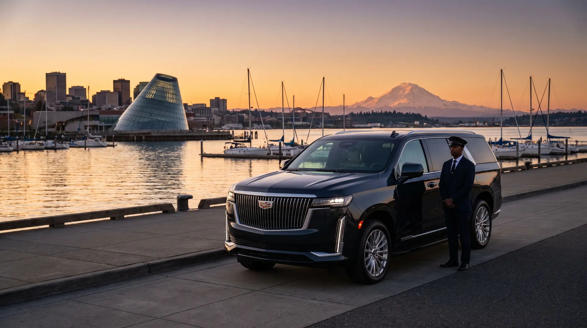 Black Cadillac Escalade with a chauffeur on Ruston Way at the Tacoma waterfront, the Museum of Glass, downtown Tacoma and Mount Rainier behind