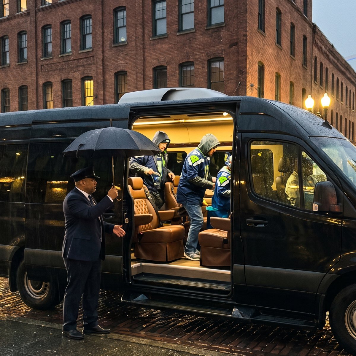 Kamo Limo Sprinter van picking up a group in Pioneer Square before a Seahawks game