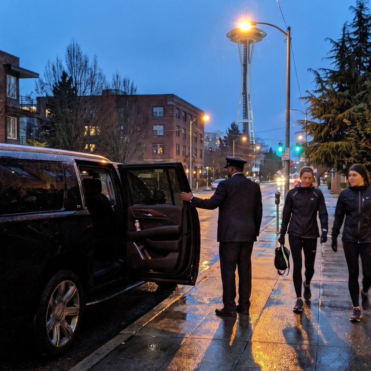 Chauffeur holding the door of a black SUV for runners arriving at Seattle Center before the Seattle Marathon