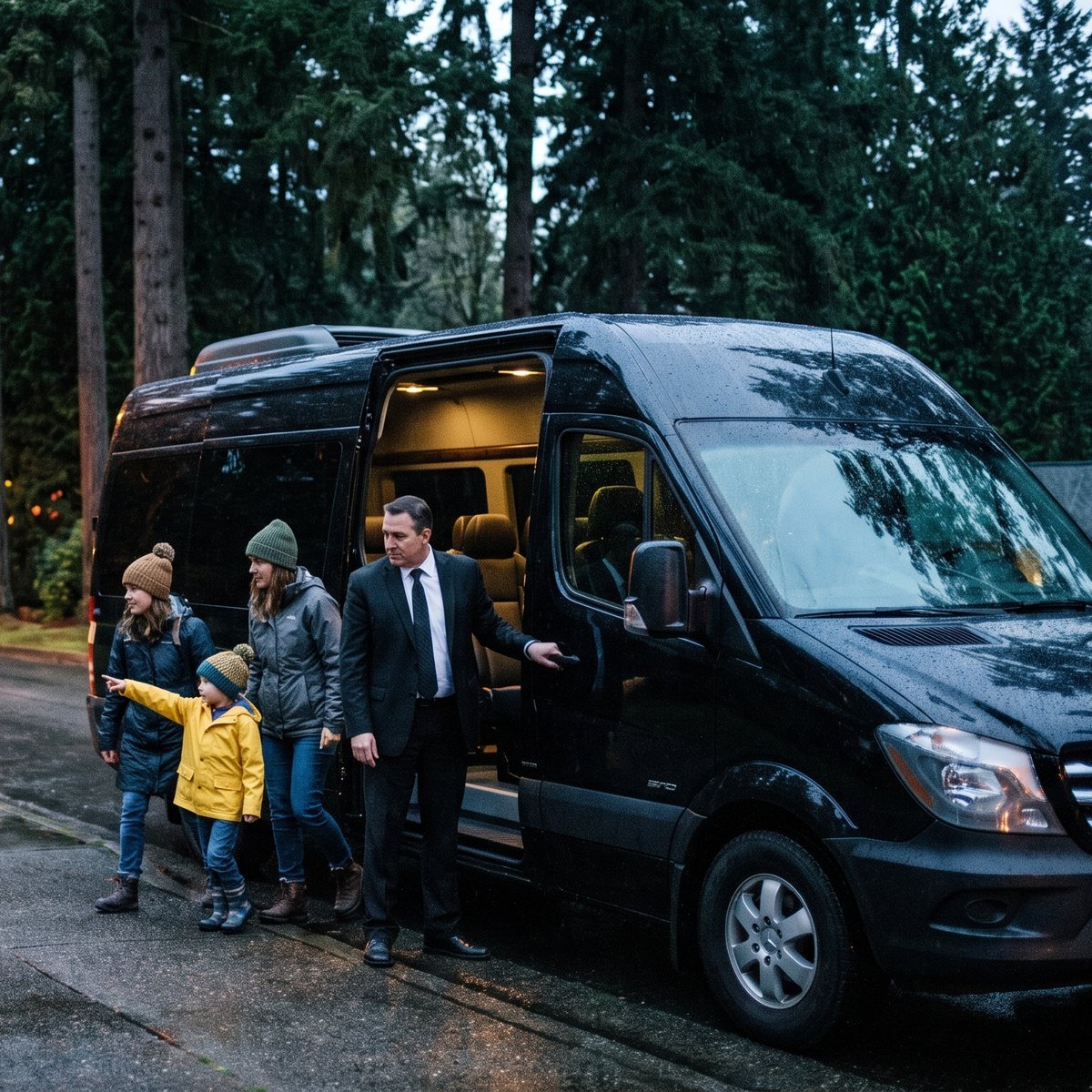 Chauffeur holding the door of a black Sprinter van for a family arriving for WildLanterns near Woodland Park Zoo