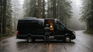 Chauffeur beside the open door of a black Sprinter van on a misty evergreen-lined road