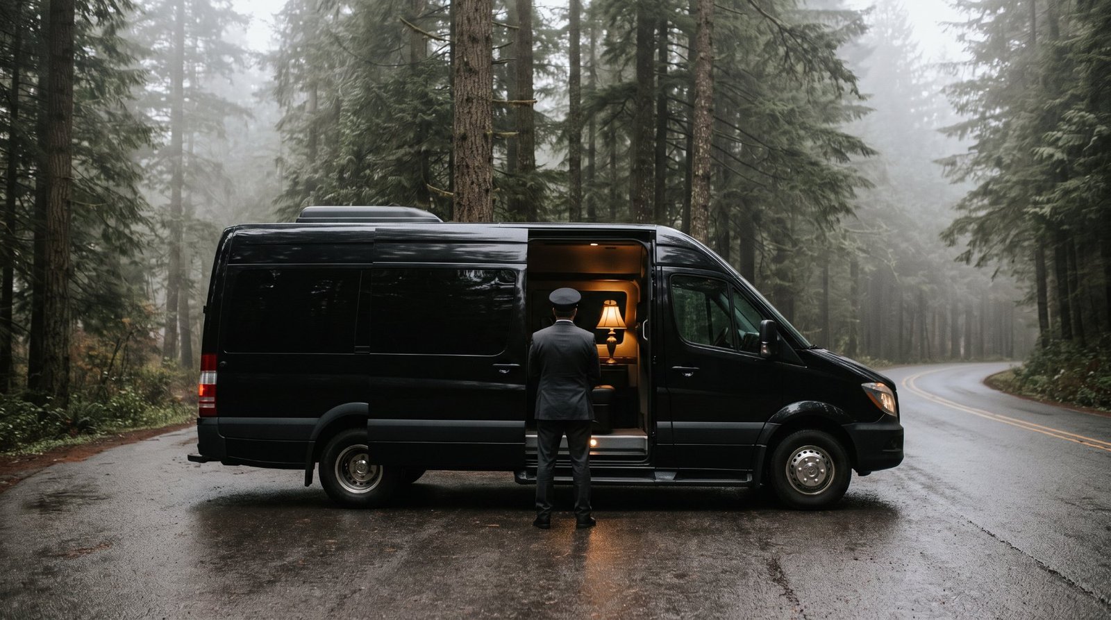 Chauffeur beside the open door of a black Sprinter van on a misty evergreen-lined road