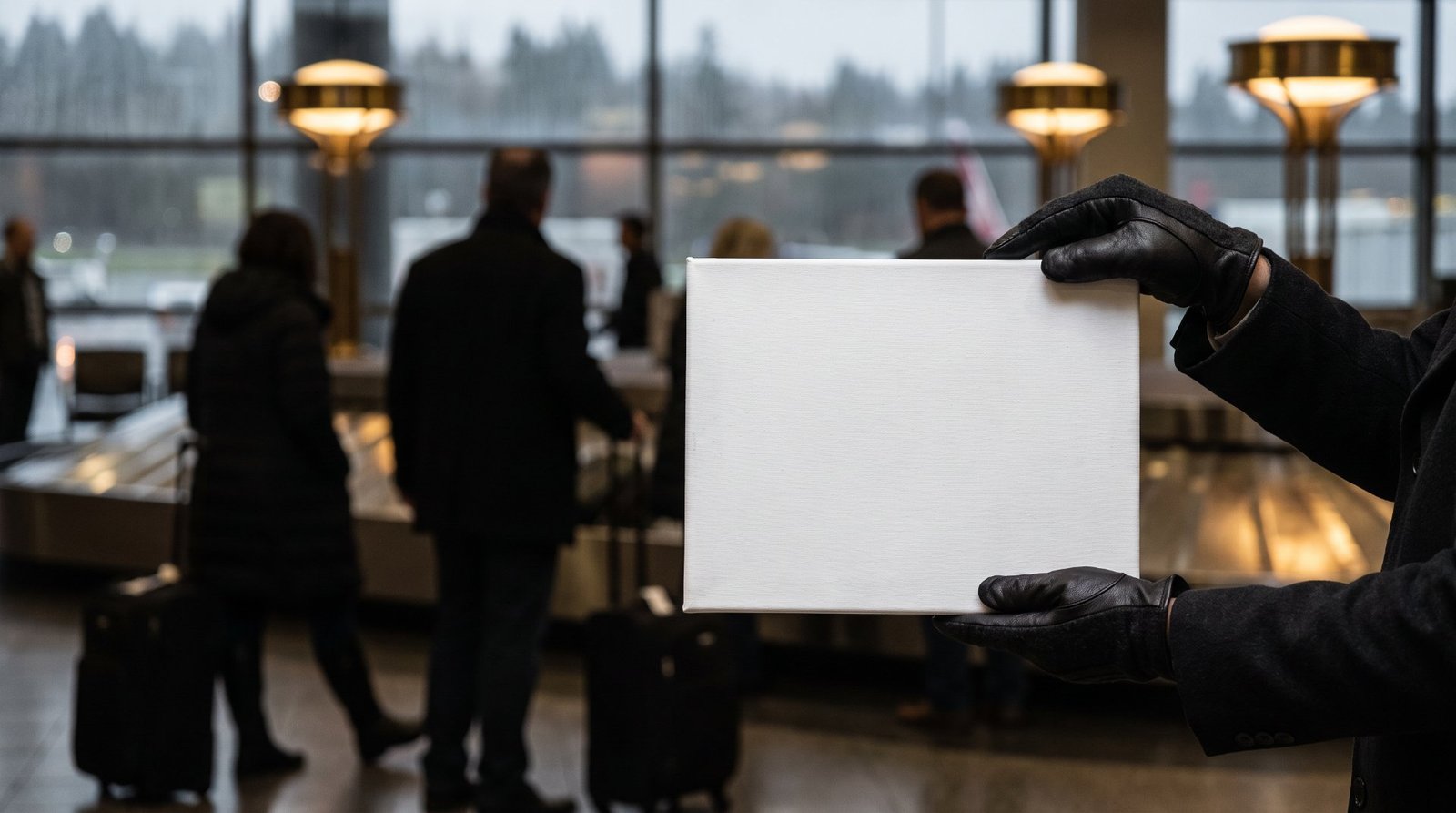Chauffeur in black gloves holding a blank name board in an airport arrivals hall on a rainy day
