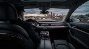 View from the back seat of a chauffeured car heading toward the Seattle skyline in the rain at dusk