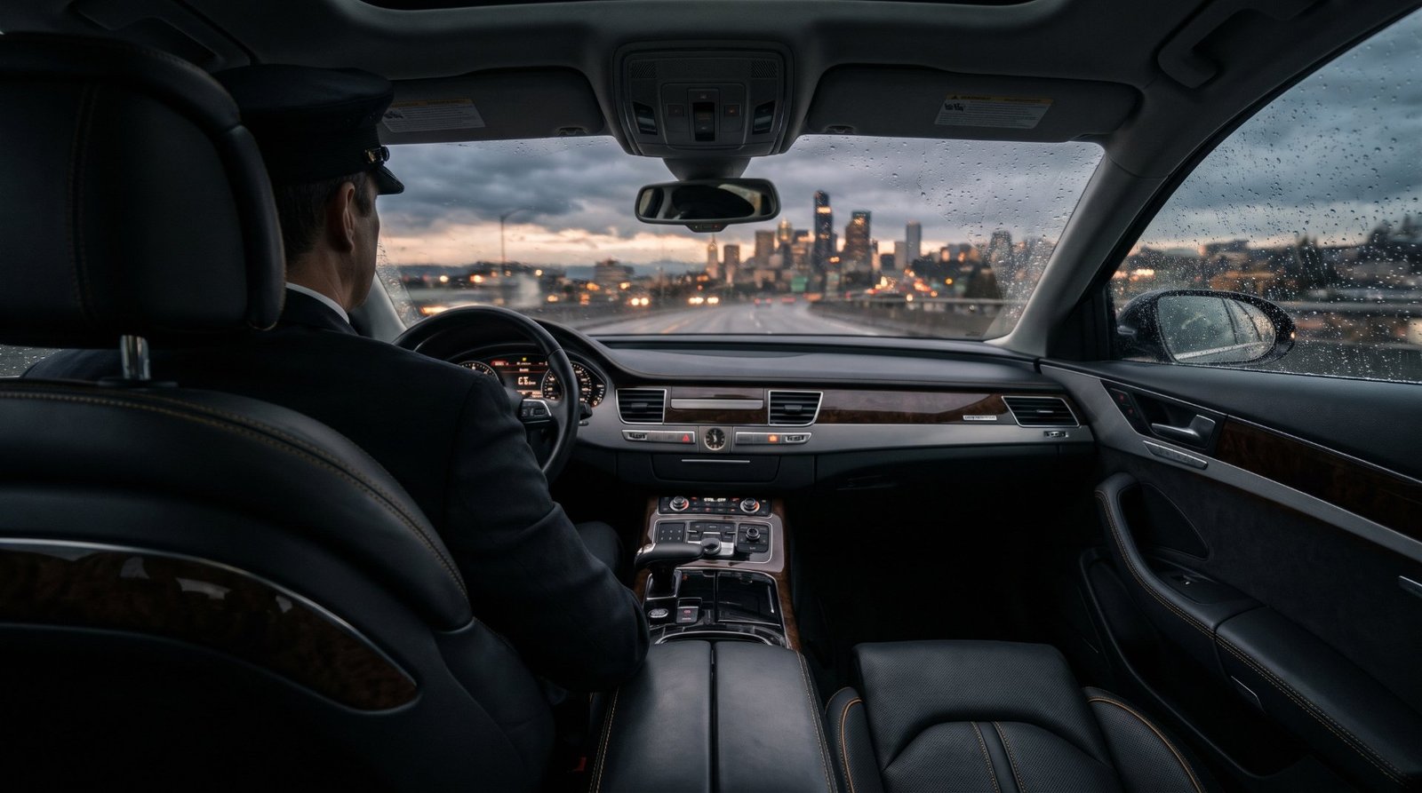 View from the back seat of a chauffeured car heading toward the Seattle skyline in the rain at dusk
