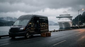 Black passenger van with luggage on a rainy pier road, a white cruise ship docked behind it in Seattle