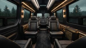 Interior aisle of a luxury Sprinter van with black leather captain seats and rain-streaked windows