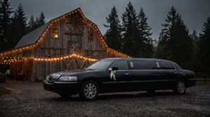 Black stretch limousine with a white ribbon parked at a rustic barn wedding venue with string lights